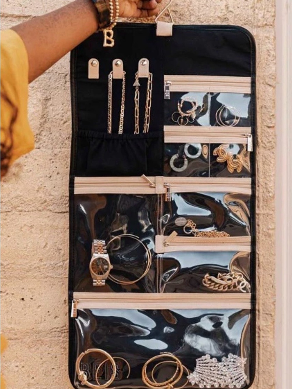 Beis Hanging Jewelry Organizer in Black with Beige Trim
